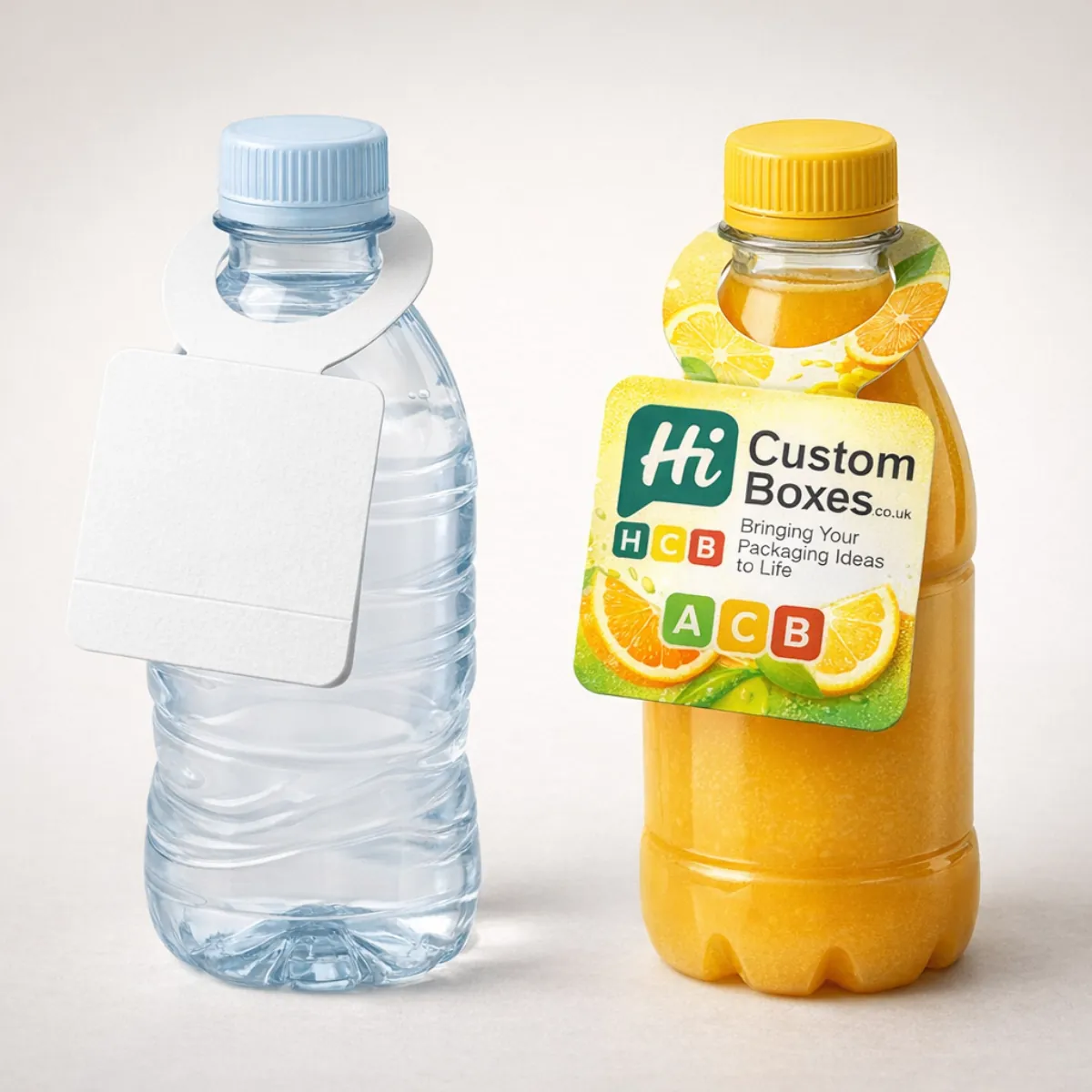 Plastic bottles of water and juice with rounded, eco-friendly neck tags featuring bright citrus fruit designs. class=